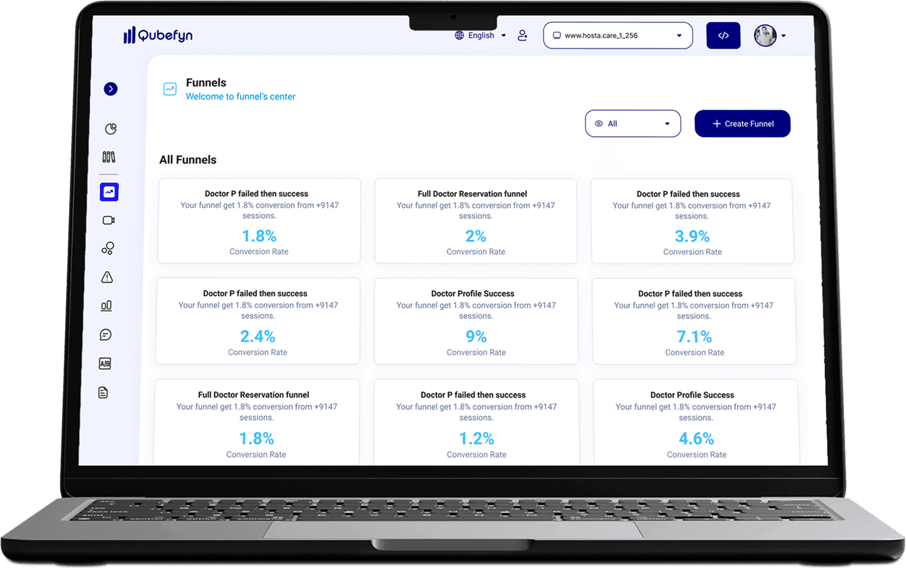 قائمة مسارات التحويل ونسب الإنجاز في Qube Analytics